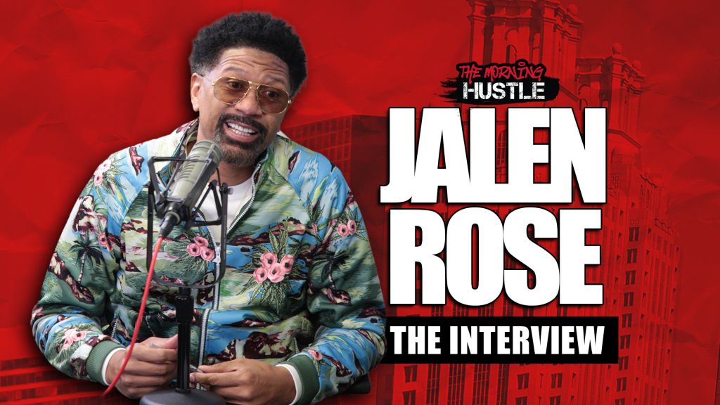 A smiling man wearing a colorful floral shirt and sunglasses, holding a microphone and standing in front of a red background with text "The Morning Hustle" and "Jalen Rose: The Interview".