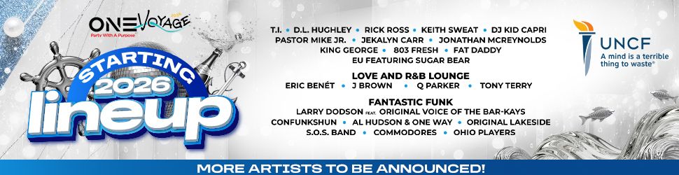 One Voyage festival poster featuring lineup of musical artists starting in 2026, including T.I., D.L. Hughley, Rick Ross, Keith Sweat, DJ Kid Capri, and others.