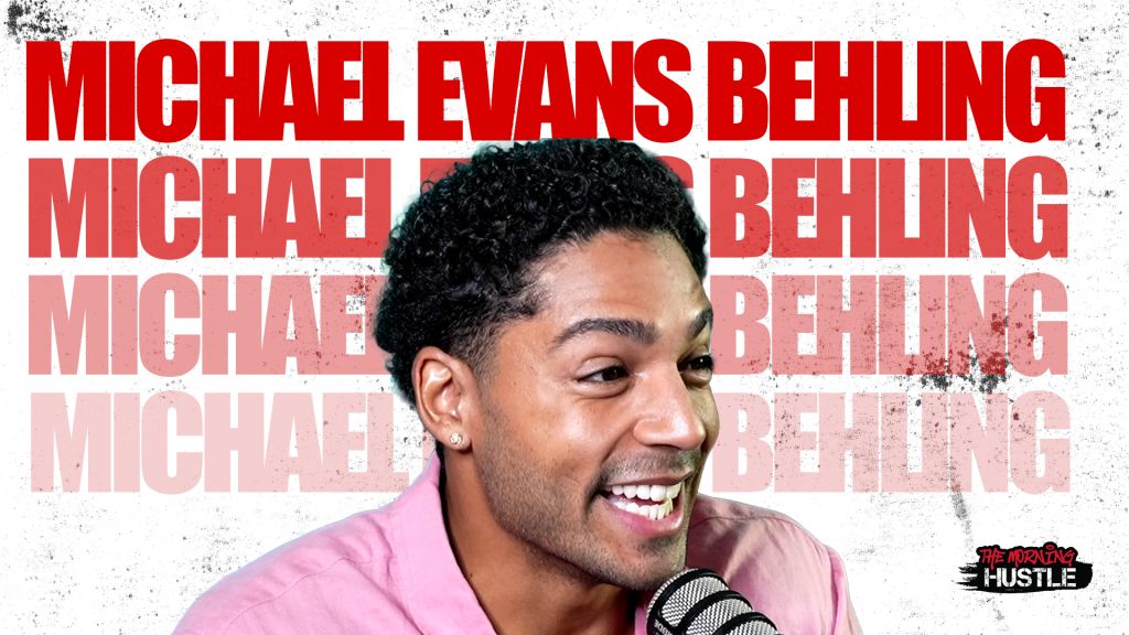 A smiling man with short dark hair wearing a pink shirt, with the text "MICHAEL EVANS BEHLING" repeated multiple times in the background.