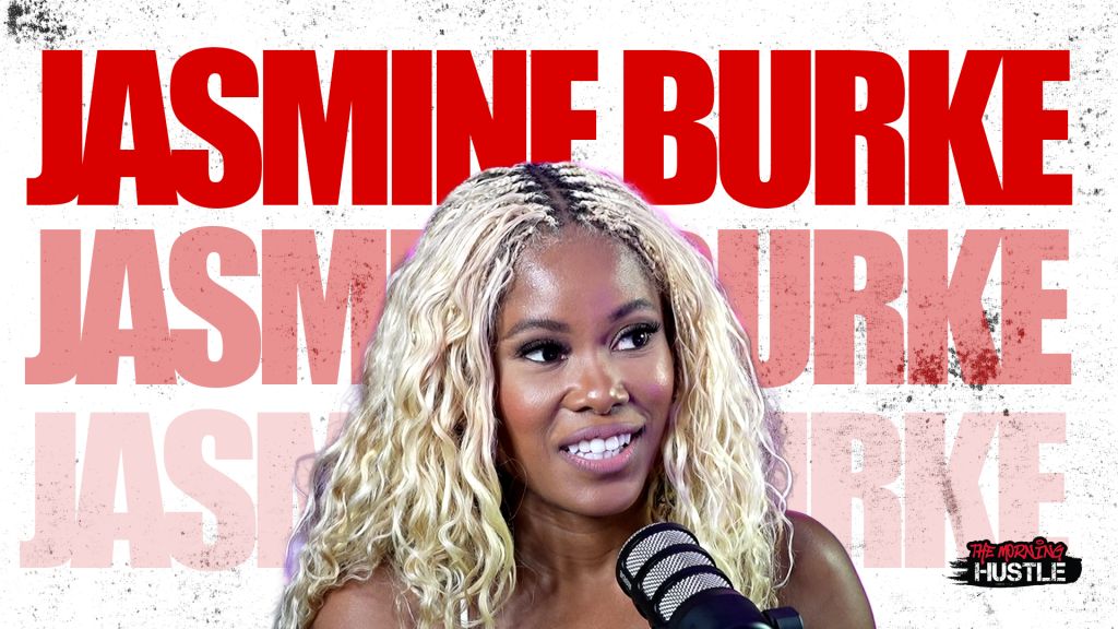 Jasmine Burke, a smiling woman with blonde curly hair, holding a microphone and posing in front of a red and white background with her name prominently displayed.