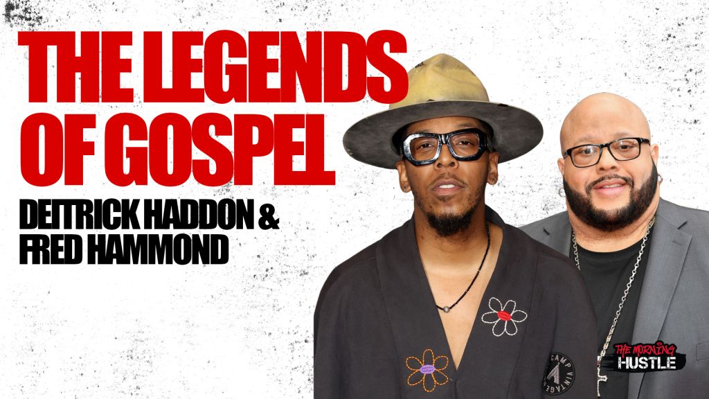 Two men in casual attire, one wearing a hat and glasses, the other with a beard, standing together against a textured background with the title "The Legends of Gospel" and the names Deitrick Haddon and Fred Hammond.