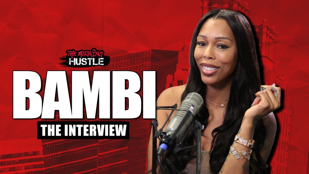 A woman with long dark hair speaking into a microphone, with the text "BAMBI THE INTERVIEW" and "THE MORNING HUSTLE" displayed on a red background.