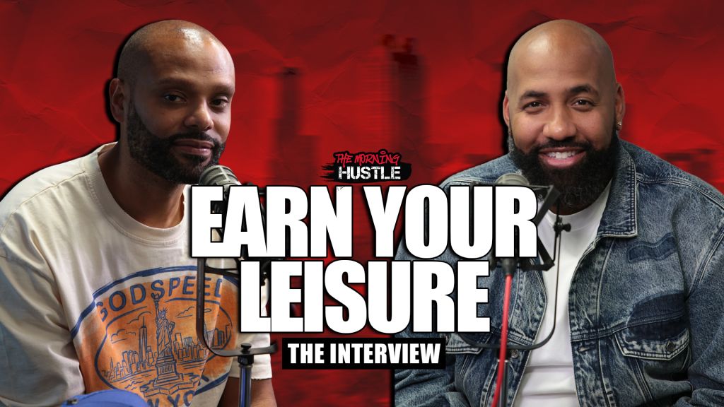 Two men, one wearing a denim jacket and the other a graphic t-shirt, sitting in front of a red background with the text "Earn Your Leisure: The Interview".